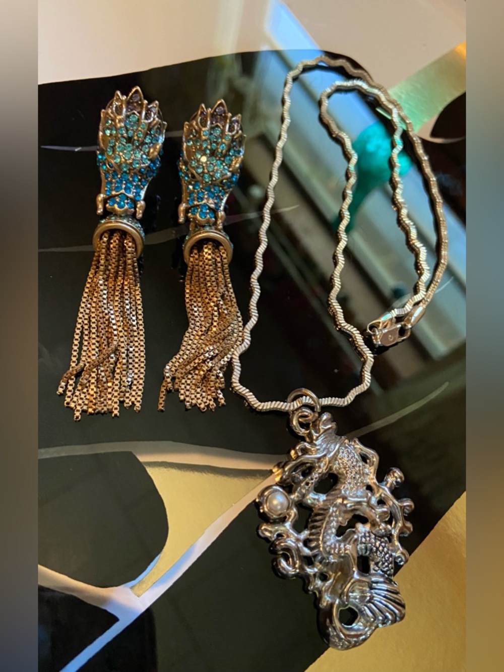Silver Dragon Pendant Necklace and Teal Tassel Dragon Earrings